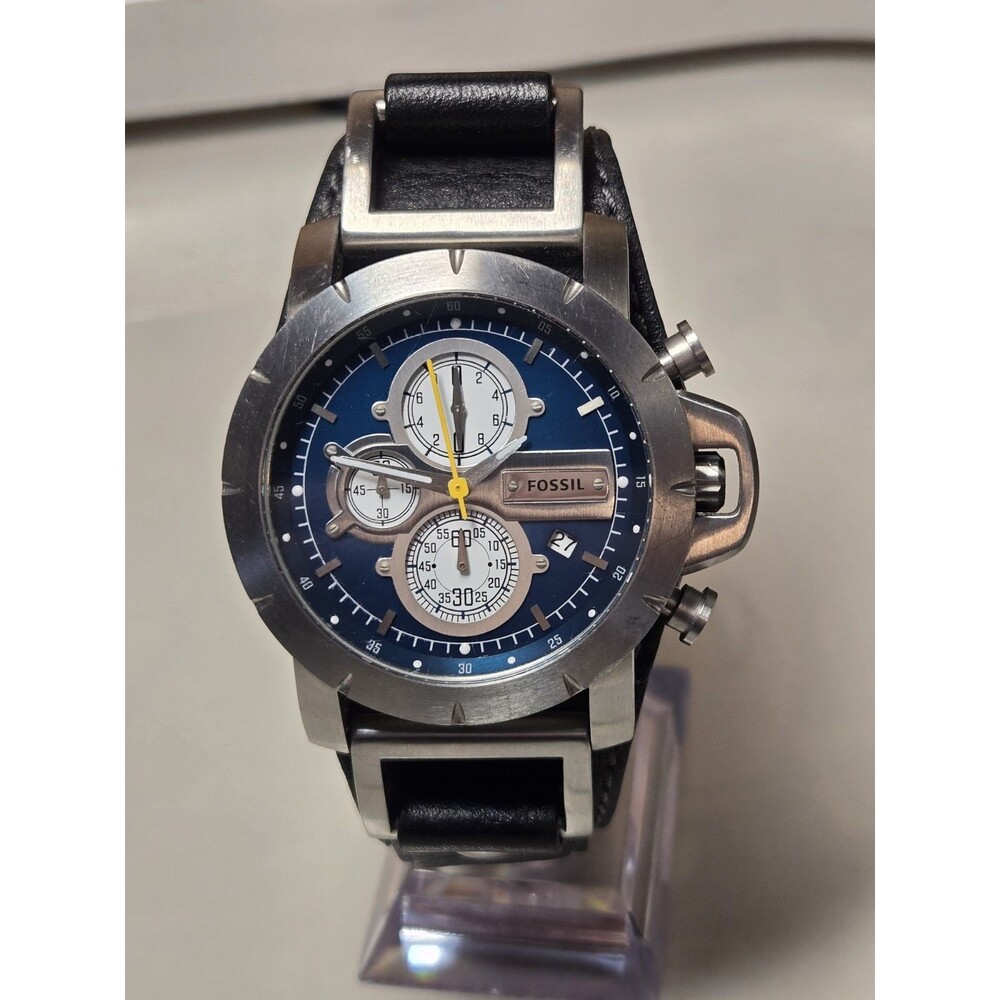 Fossil Blue Dial Chronograph Watch with Black Strap and Yellow Accents